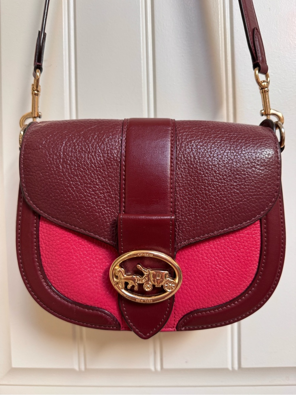 Coach 3596 Georgie Saddle Bag in Burgundy and Pink Colourblock Pebbled Leather
